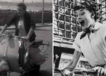 Una mujer en Vespa en 1957