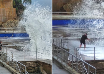 Un hombre se juega la vida frente a las olas en Gijón: «Una forma imbécil de enfrentarse a la naturaleza»