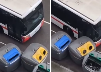 La maniobra viral de un autobús en Gijón: aparta los contenedores con el vehículo