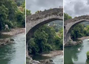 Vídeo | La imprudencia de un joven al lanzarse desde lo alto del Puente Romano de Cangas de Onís