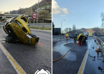 Un espectacular accidente en la A-66 en Mieres deja dos heridos y un coche en llamas