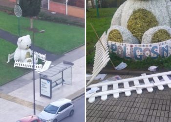 A alguien no le gusta ‘Poligosín’… El vallado que rodea el oso navideño aparece parcialmente desmantelado