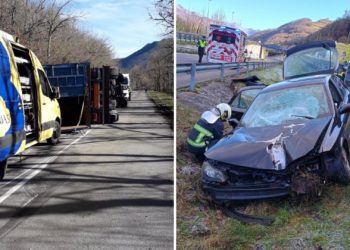 Dos nuevos accidentes en las carreteras asturianas: un camión vuelca en Degaña y un turismo se sale de la vía en Aller