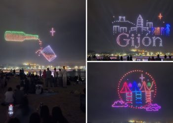 Baile de luces, de colores, de formas… Y de Gijón: el espectáculo nocturno de drones cautiva a la ciudad