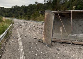 Un camión cargado de áridos corta la AS-17 en Langreo tras salirse de la vía