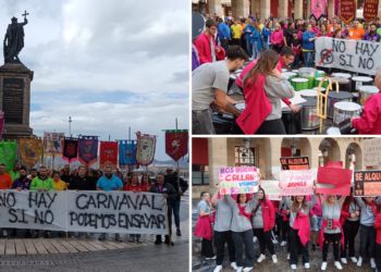 «¡Queremos ensayar!», reivindican las charangas del Antroxu durante su protesta ante el Ayuntamiento