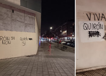 Pintadas en Nuevo Gijón en contra de Quirón… Y correcciones en el otro sentido con simbología fascista