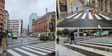 Líneas desplazadas y charcos inoportunos: las ‘taras’ de la renovada plaza del Carmen