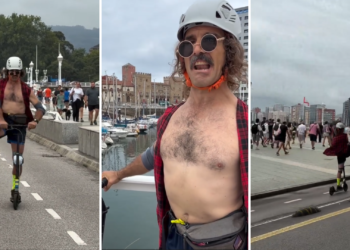 Del plató del ‘Grand Prix’ a Gijón: Wilbur hace de las suyas con un patinete (convencional) por la ciudad