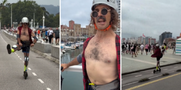 Del plató del ‘Grand Prix’ a Gijón: Wilbur hace de las suyas con un patinete (convencional) por la ciudad