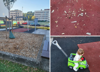 «Son un peligro para los niños»: firmas para la retirada de las astillas de madera del parque infantil de Nuevo Roces