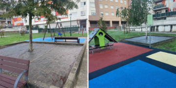 Retiran el acolchado de cortezas de los alcorques del parque infantil de Nuevo Roces