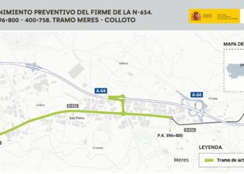 Cuatro semanas de cortes nocturnos entre Meres y Colloto: la N-634 y la A-64, afectadas por las obras
